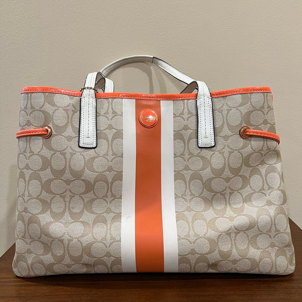 Coach Beige Signature Canvas Tote with Orange and White Stripe